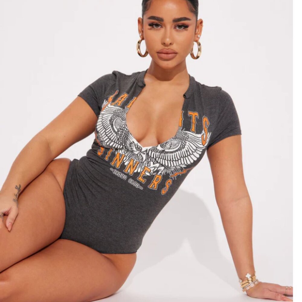 NWOT - Saints and Sinners Graphic Bodysuit - Charcoal